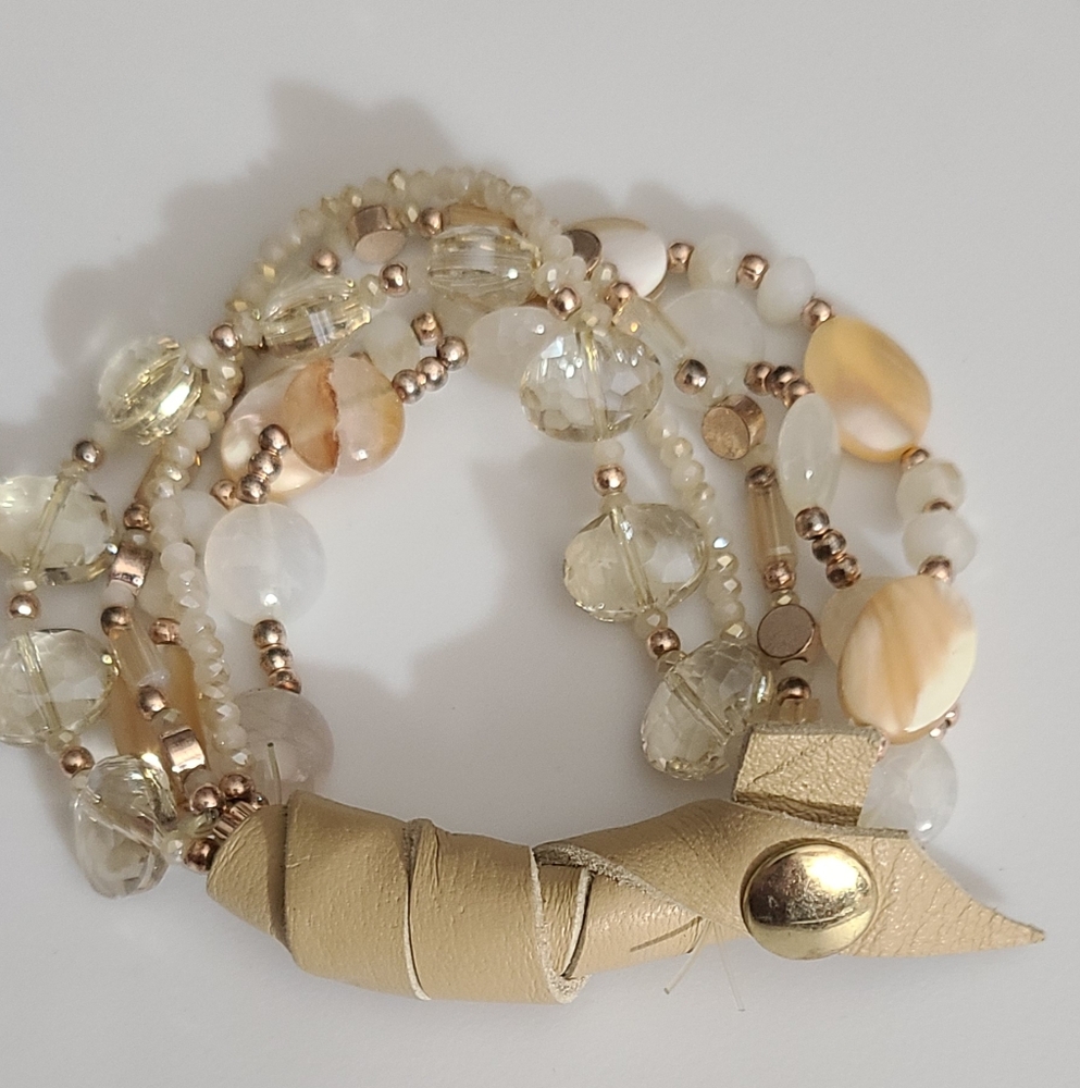 Crystal MOP shell beaded bracelet leather stretch 5 strands